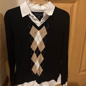 Tommy Hilfiger V-Neck Argyle Sweater in Black and Tan
